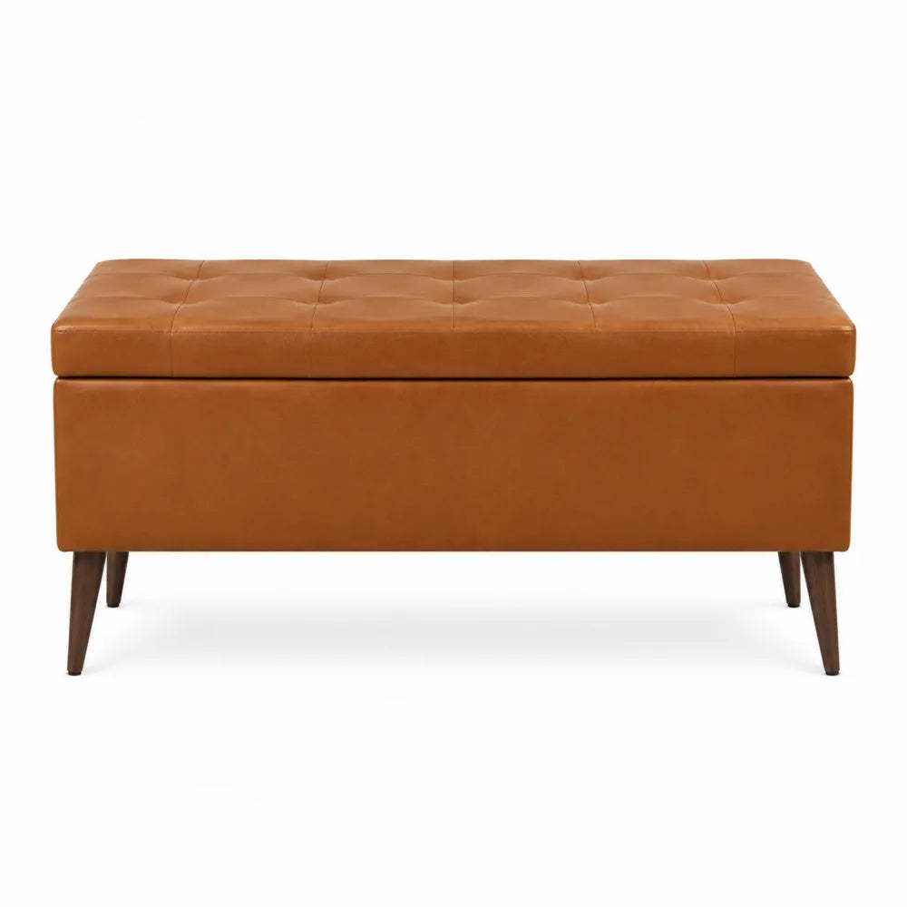 Banc coffre de rangement capitonné 120 x 40 x 45 cm revêtement PU marron bois massif pieds inclinés