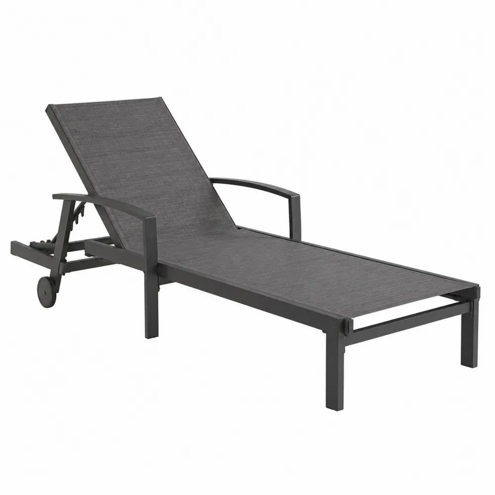 Chaise longue de jardin réglable aluminium peinture époxy noir toile textilène gris foncé avec roues 195 x 67 x 95 cm