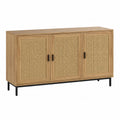 Buffet bas 3 portes en MDF plaqué chêne clair cannage rotin naturel acier noir 150 cm x 40 cm x 75 cm