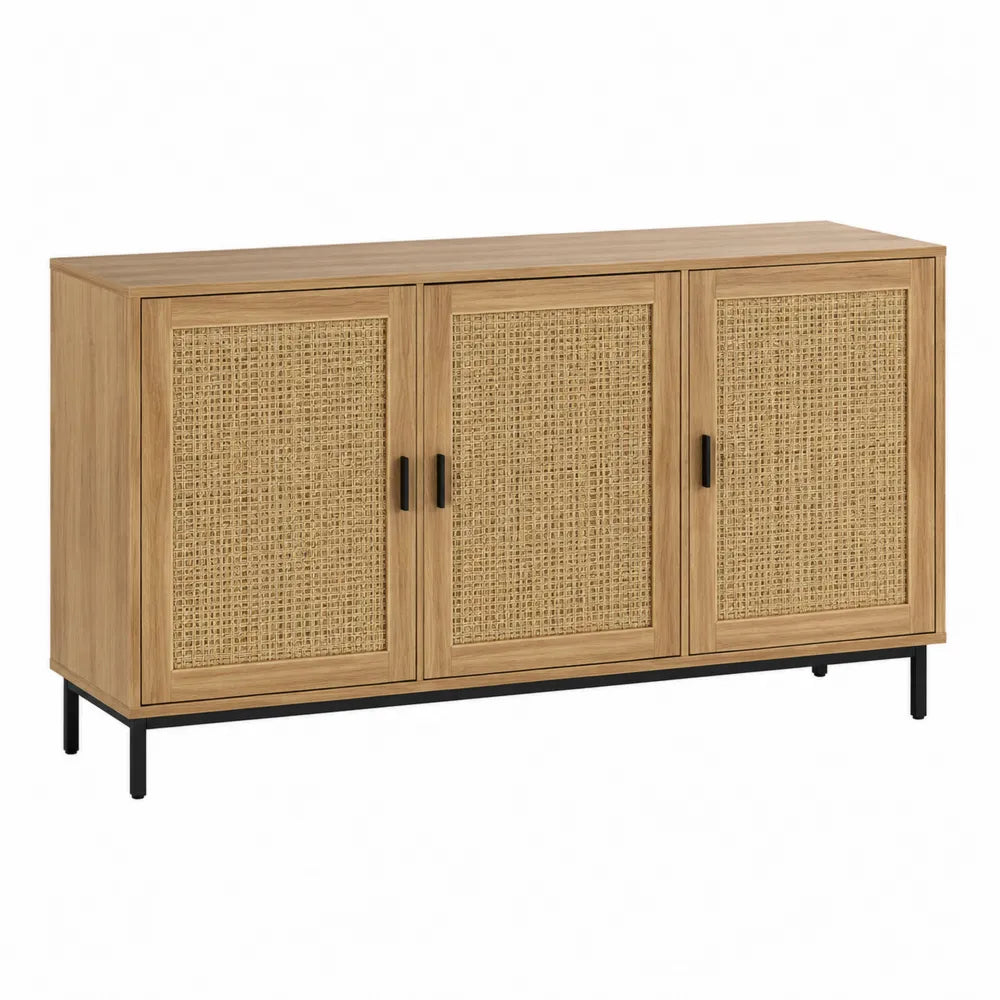 Buffet bas 3 portes en MDF plaqué chêne clair cannage rotin naturel acier noir 150 cm x 40 cm x 75 cm