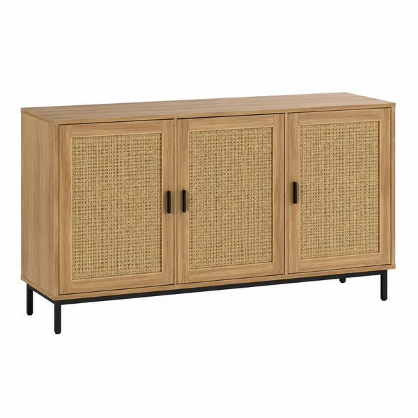Buffet bas 3 portes en MDF plaqué chêne clair cannage rotin naturel acier noir 150 cm x 40 cm x 75 cm