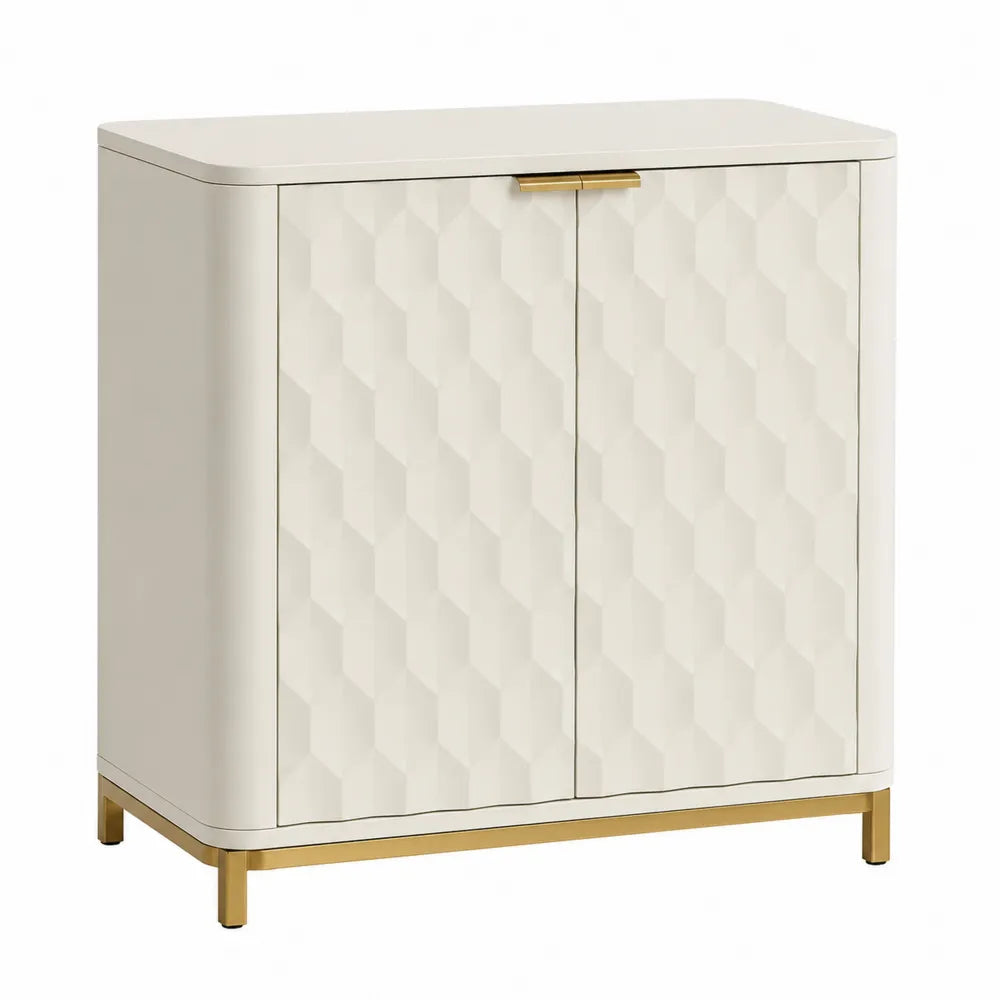 Meuble de rangement 2 portes MDF peint crème relief géométrique acier doré 100 cm x 40 cm x 90 cm