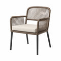Fauteuil de jardin avec accoudoirs acier peint noir corde polyester brun taupe coussin beige 63 x 64 x 84 cm