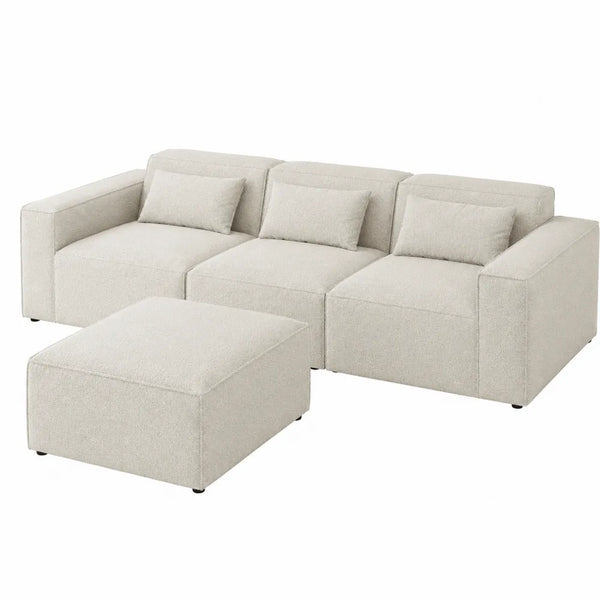 Canapé modulaire 3 places avec pouf en polyester bouclé beige 250 cm x 165 cm x 75 cm