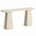 Table console rectangulaire en MDF décor travertin beige avec piètement trapézoïdal 120 cm x 35 cm x 80 cm