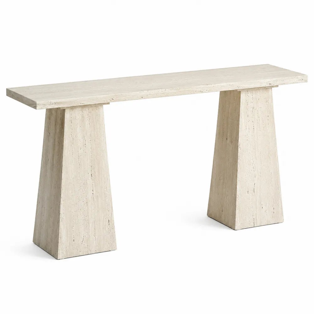 Table console rectangulaire en MDF décor travertin beige avec piètement trapézoïdal 120 cm x 35 cm x 80 cm