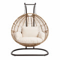 Fauteuil suspendu œuf de jardin avec support 105 x 95 x 196 cm résine tressée PE rotin naturel acier noir coussins beige