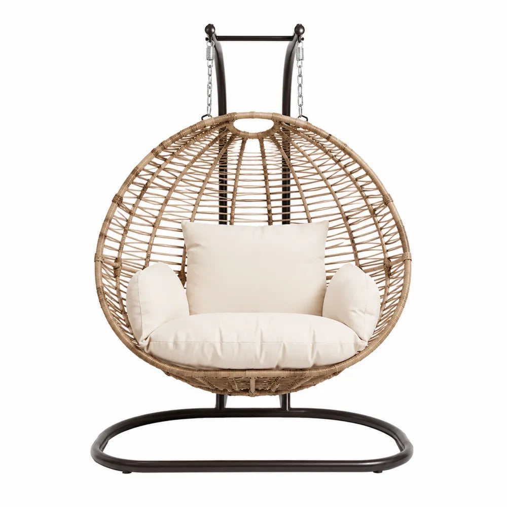 Fauteuil suspendu œuf de jardin avec support 105 x 95 x 196 cm résine tressée PE rotin naturel acier noir coussins beige