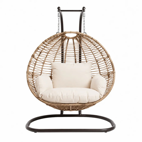 Fauteuil suspendu œuf de jardin avec support 105 x 95 x 196 cm résine tressée PE rotin naturel acier noir coussins beige