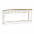 Table console de rangement 4 tiroirs en MDF blanc cassé avec plateau bois naturel et 140 cm x 35 cm x 80 cm