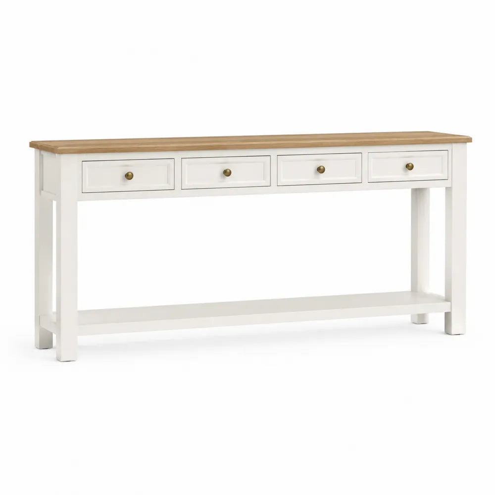 Table console de rangement 4 tiroirs en MDF blanc cassé avec plateau bois naturel et 140 cm x 35 cm x 80 cm