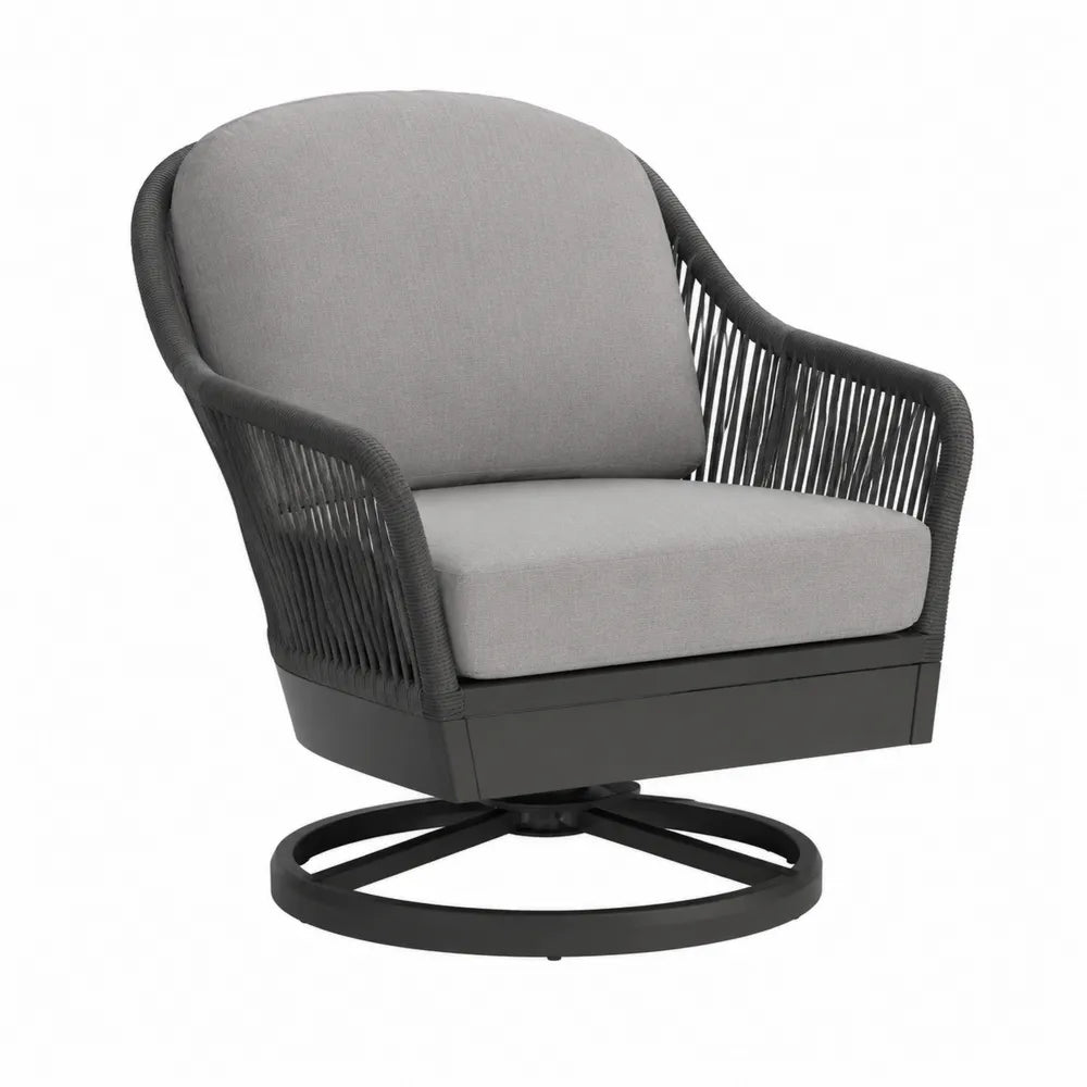 Fauteuil de jardin pivotant 78 x 80 x 84 cm en aluminium thermolaqué noir corde polyester gris et coussins gris