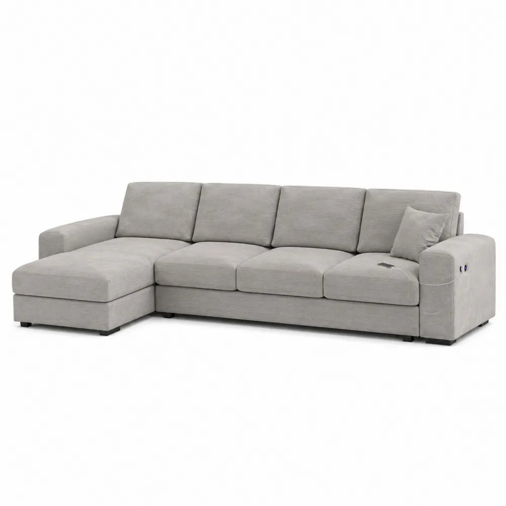 Canapé modulable d’angle gauche en tissu gris clair avec méridienne et ports USB