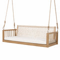 Banc suspendu de jardin 3 places 150 x 65 x 60 cm en bois d’acacia corde polyester écru coussin beige