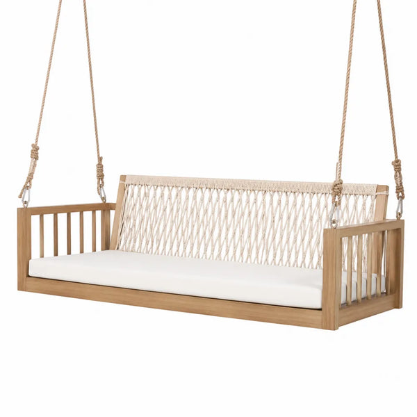 Banc suspendu de jardin 3 places 150 x 65 x 60 cm en bois d’acacia corde polyester écru coussin beige