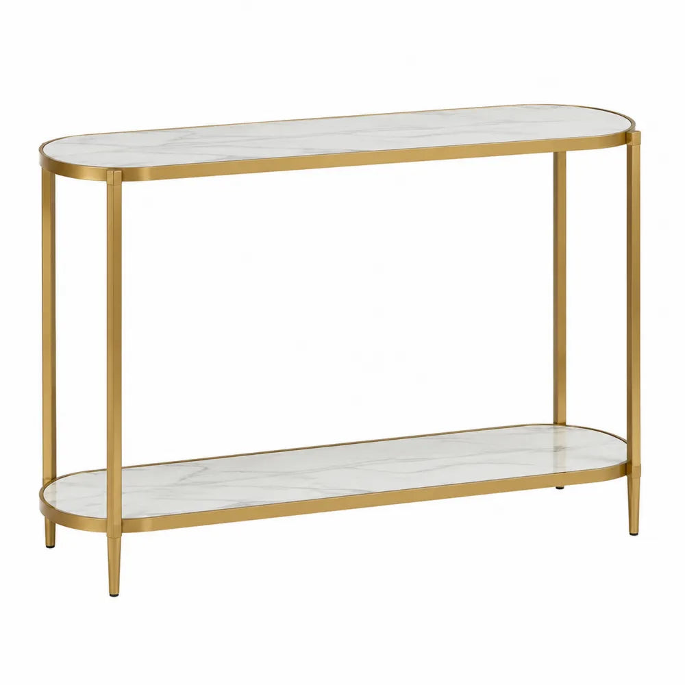 Table console à 2 niveaux plateau effet marbre blanc structure métal doré 100 cm x 30 cm x 80 cm