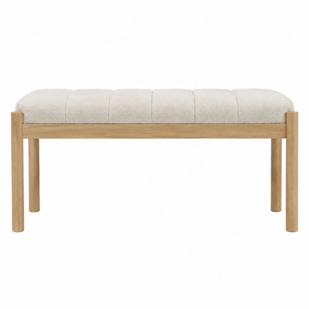 Banc de chambre rectangulaire rembourré en hévéa massif bois clair tissu polyester bouclé écru 120 x 40 x 48 cm
