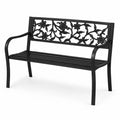 Banc de jardin 2 places 128 x 58 x 85 cm en acier thermolaqué noir dossier floral