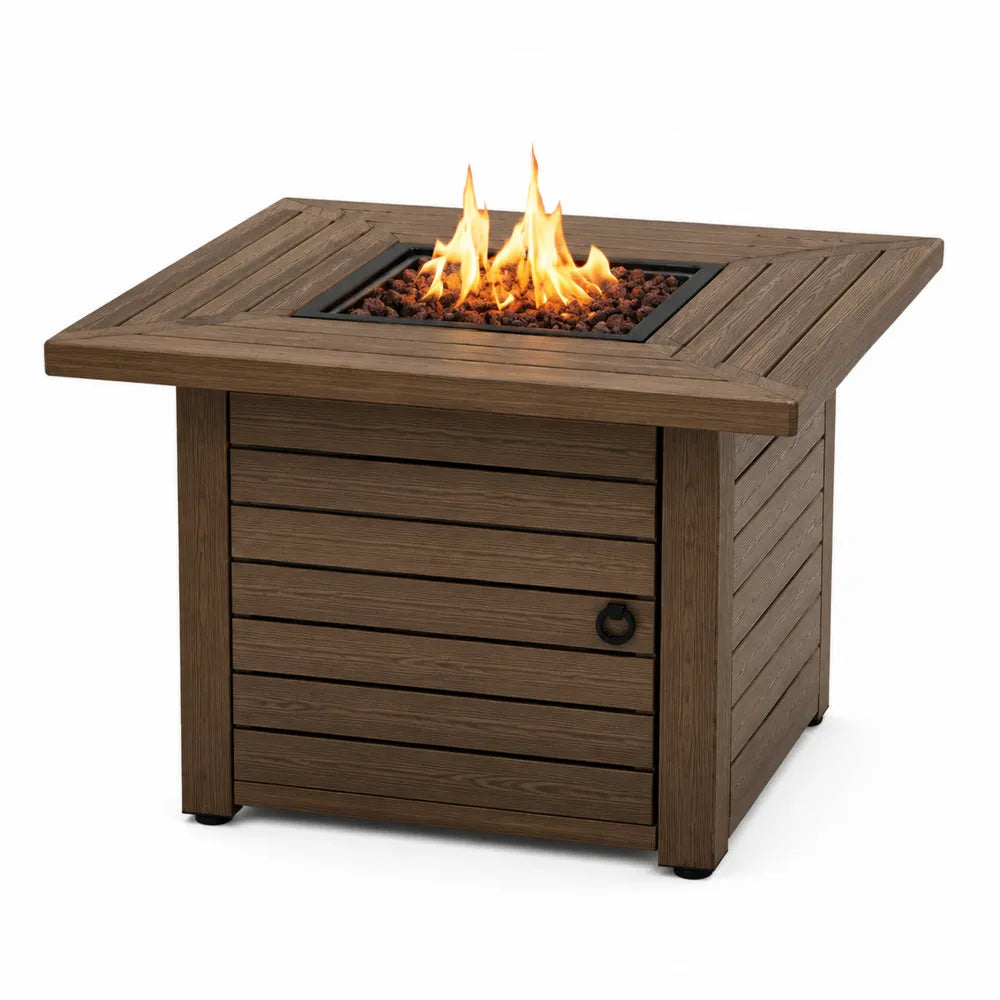 Table brasero extérieure carrée 100 cm x 100 cm en composite effet bois brun avec foyer gaz central et plateau périphérique