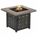 Table brasero extérieure carrée 90 cm x 90 cm x 63 cm en acier thermolaqué noir avec plateau effet bois gris et brûleur gaz central