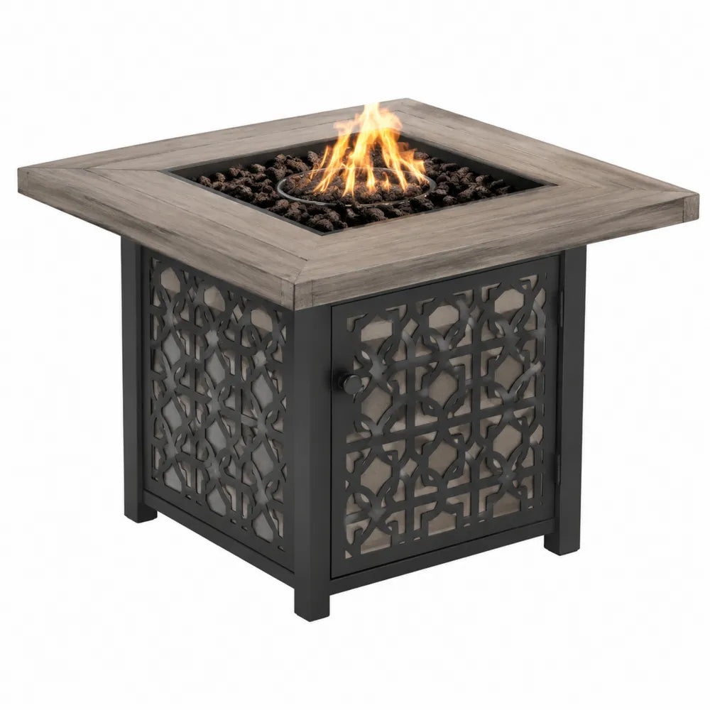 Table brasero extérieure carrée 90 cm x 90 cm x 63 cm en acier thermolaqué noir avec plateau effet bois gris et brûleur gaz central