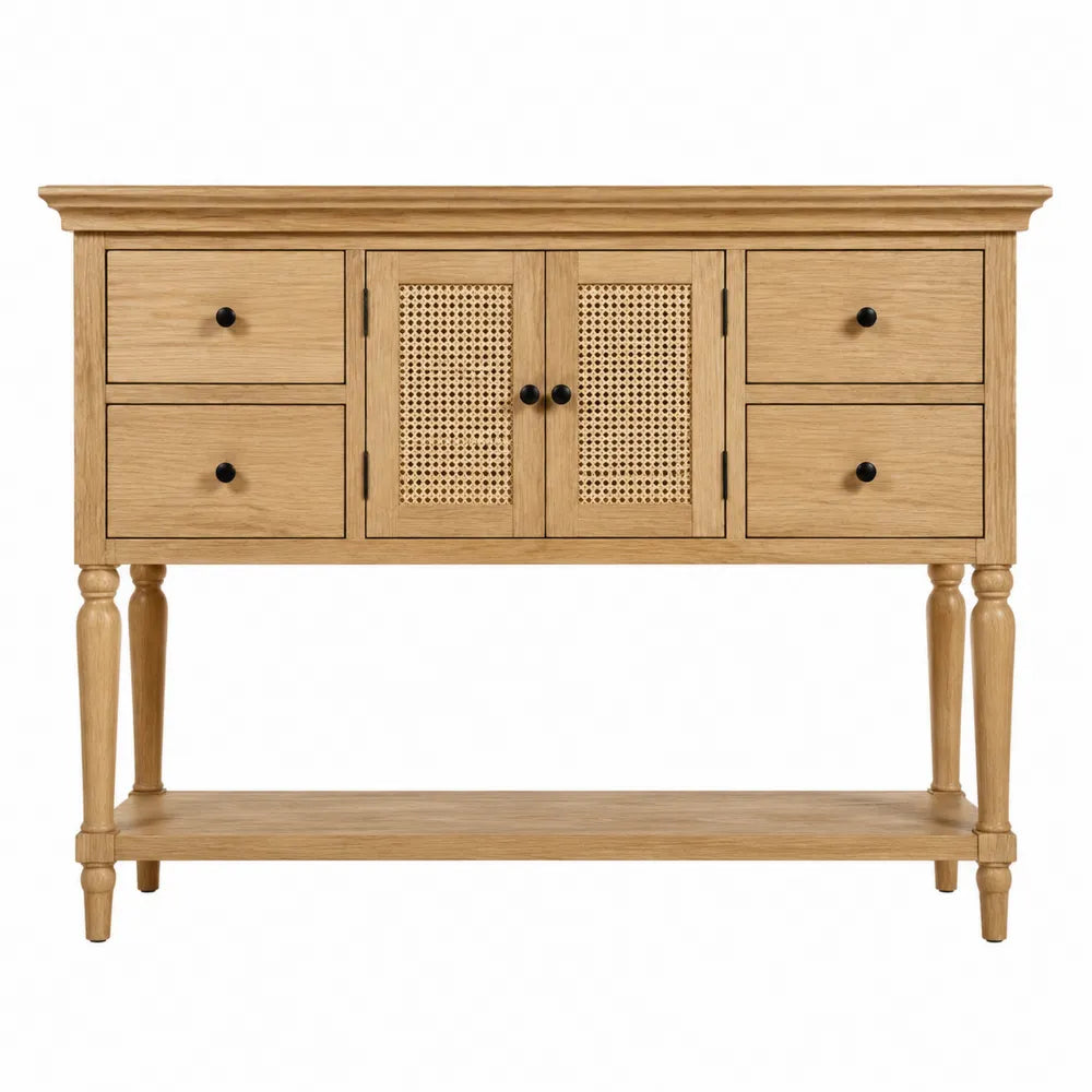 Table console de rangement 4 tiroirs 2 portes cannage en bois chêne naturel 130 x 40 x 85 cm