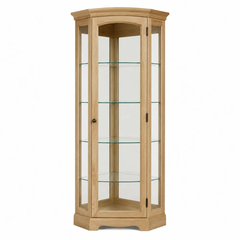 Vitrine d’angle en bois finition chêne clair et verre transparent 180 cm x 60 cm x 60 cm