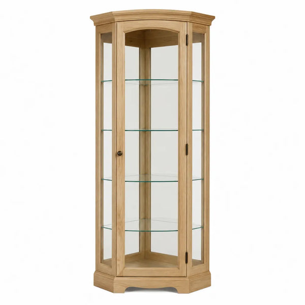 Vitrine d’angle en bois finition chêne clair et verre transparent 180 cm x 60 cm x 60 cm