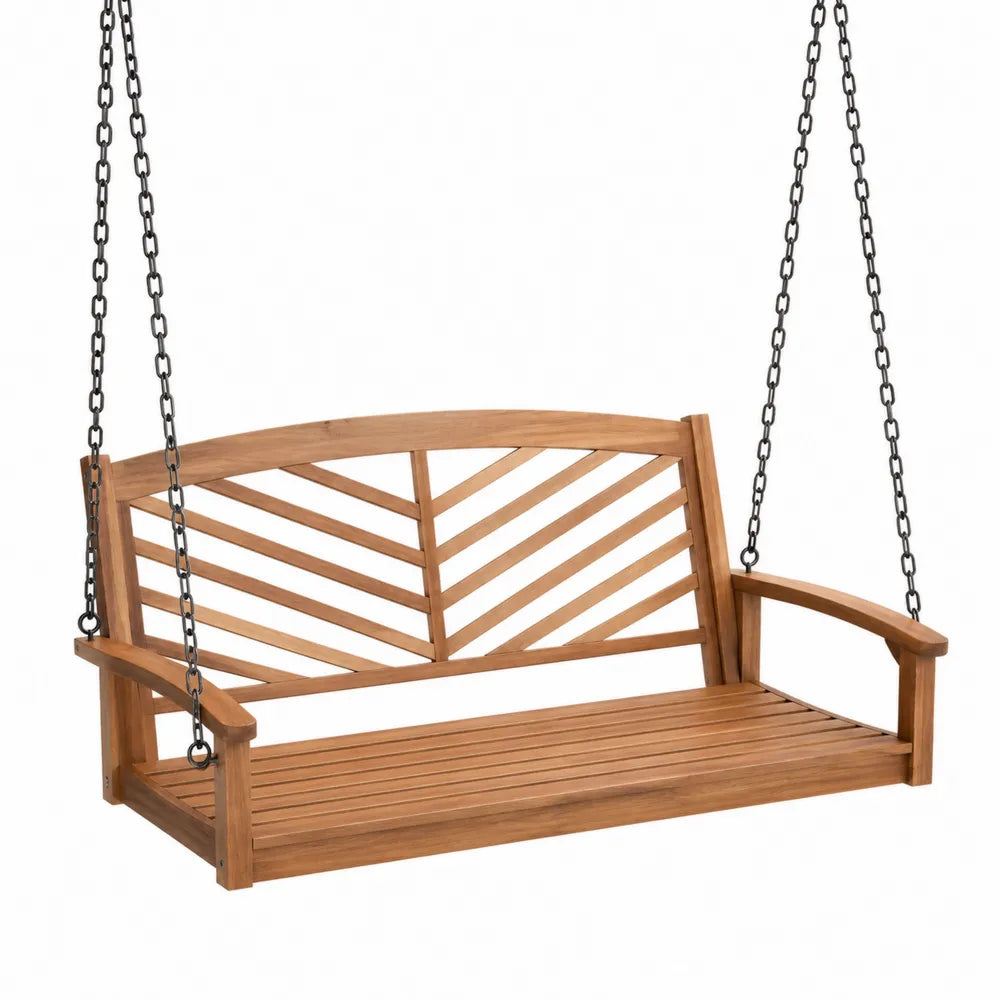 Banc suspendu de jardin 3 places en bois massif d’acacia naturel avec chaînes acier 150 x 60 x 55 cm