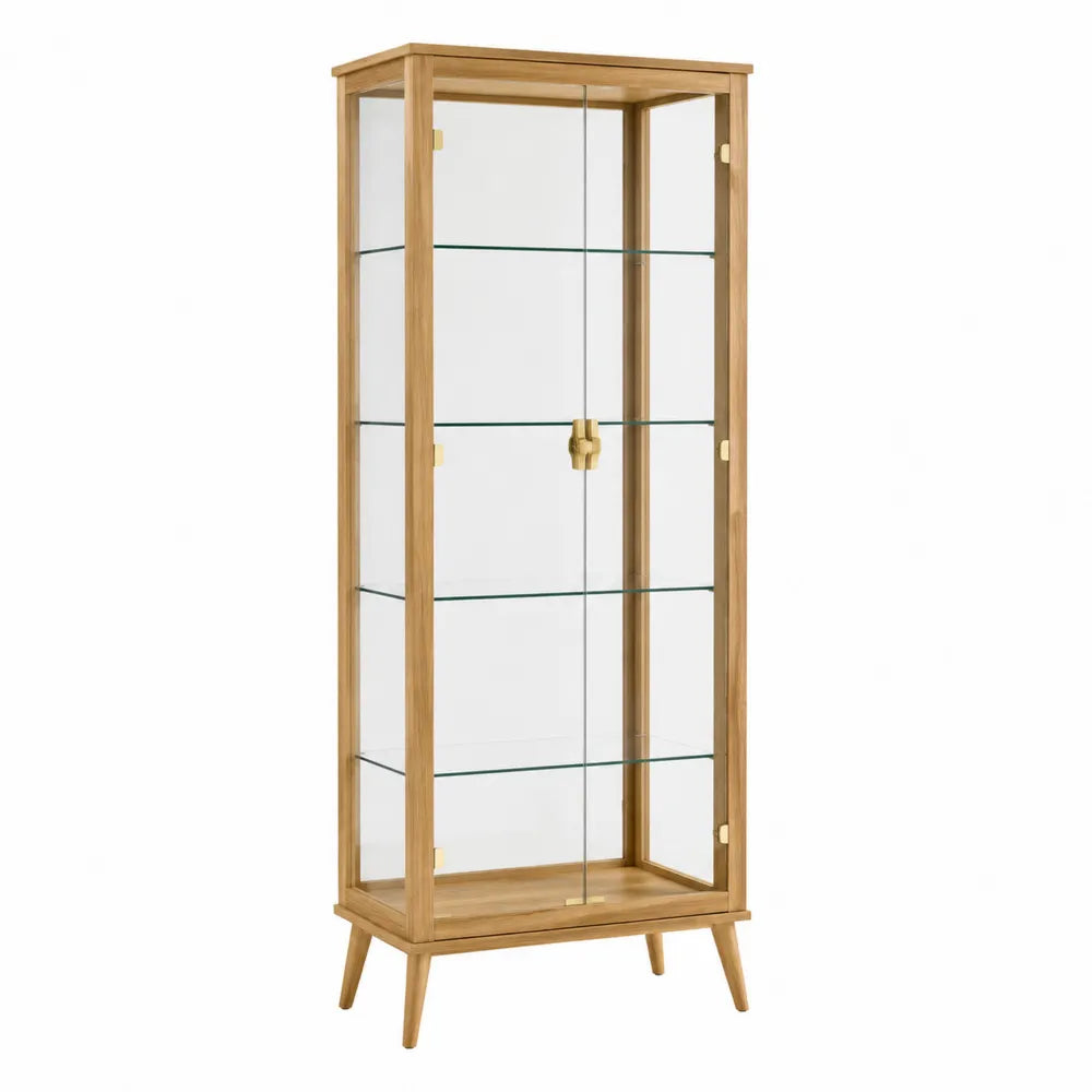Vitrine de rangement rectangulaire 2 portes en verre trempé et hévéa massif chêne clair transparent 70 x 40 x 180 cm