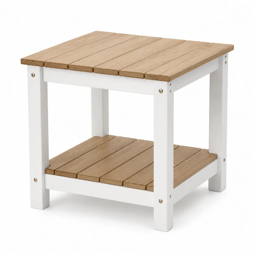 Table de jardin carrée 60 cm x 60 cm x 55 cm en bois massif naturel avec structure en bois peint blanc et tablette inférieure