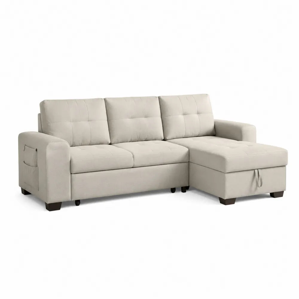 Canapé d’angle modulaire 3 places avec méridienne droite en tissu beige 228 x 160 x 85 cm