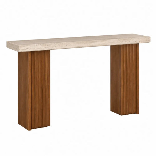 Table console rectangulaire en travertin beige et bois noyer 140 cm x 35 cm x 80 cm