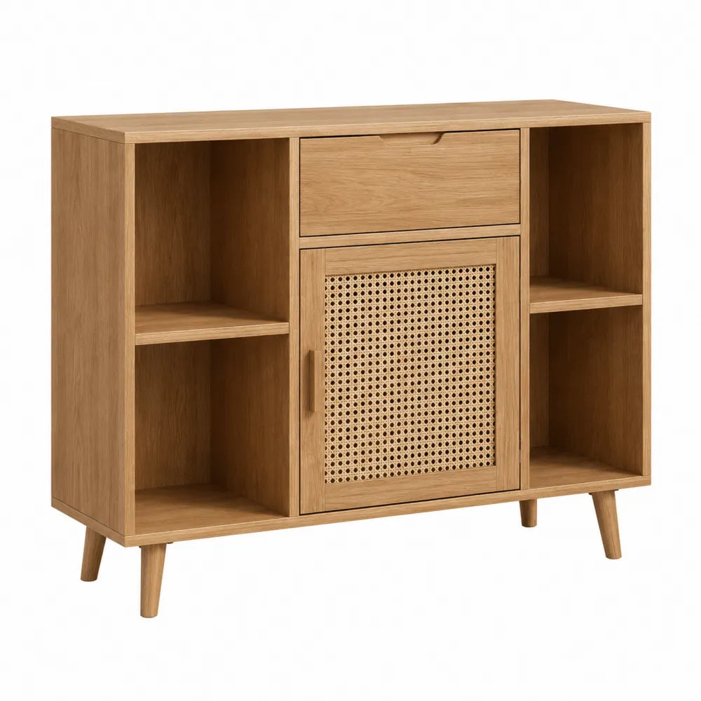Meuble de rangement 1 tiroir 1 porte cannage bois effet chêne naturel 120 cm x 40 cm x 80 cm