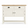Table console 2 tiroirs 2 portes avec tablette 110 x 35 x 85 cm en pin massif et MDF blanc cassé et naturel rectangulaire