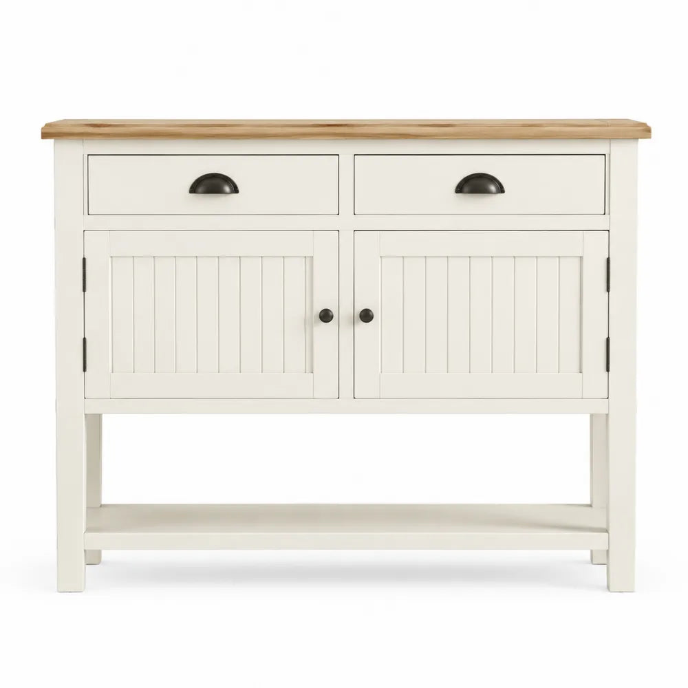 Table console 2 tiroirs 2 portes avec tablette 110 x 35 x 85 cm en pin massif et MDF blanc cassé et naturel rectangulaire