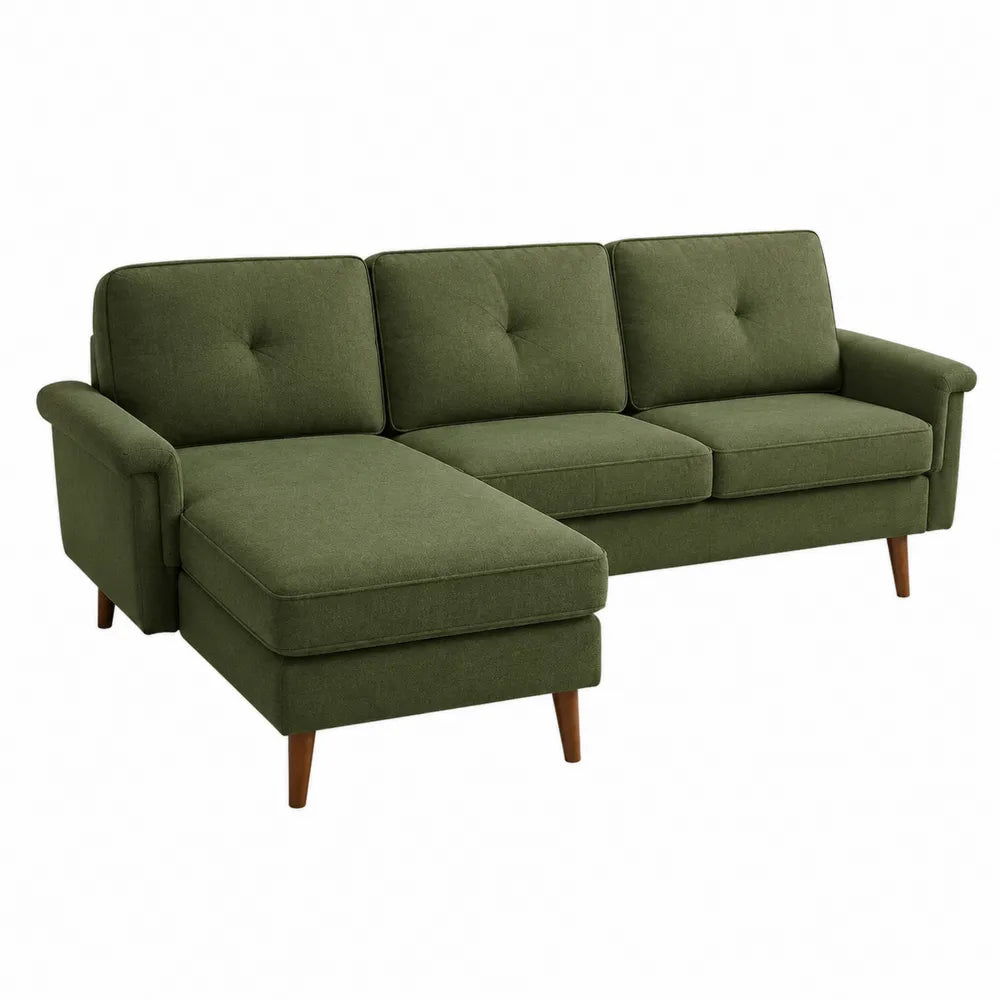 Canapé modulable d’angle gauche 218 cm x 150 cm x 86 cm en polyester tissé vert olive structure contreplaqué pin pieds en hévéa bois naturel