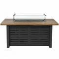 Table brasero extérieure rectangulaire 150 cm x 80 cm x 65 cm en aluminium décor bois et acier noir avec pare-vent en verre trempé