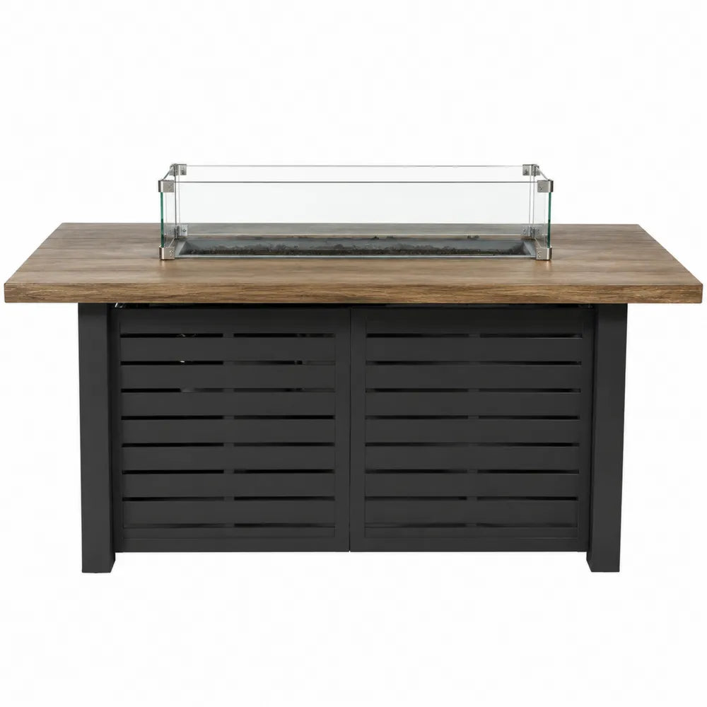 Table brasero extérieure rectangulaire 150 cm x 80 cm x 65 cm en aluminium décor bois et acier noir avec pare-vent en verre trempé