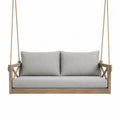 Banc suspendu de jardin 2 places en bois d’acacia naturel cordes polyester beige coussins polyester gris 150 cm x 80 cm x 65 cm