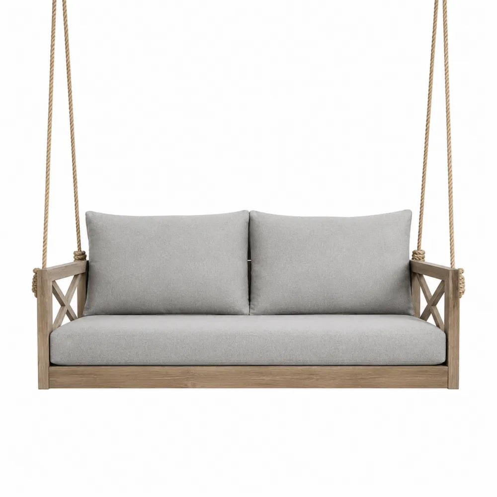 Banc suspendu de jardin 2 places en bois d’acacia naturel cordes polyester beige coussins polyester gris 150 cm x 80 cm x 65 cm