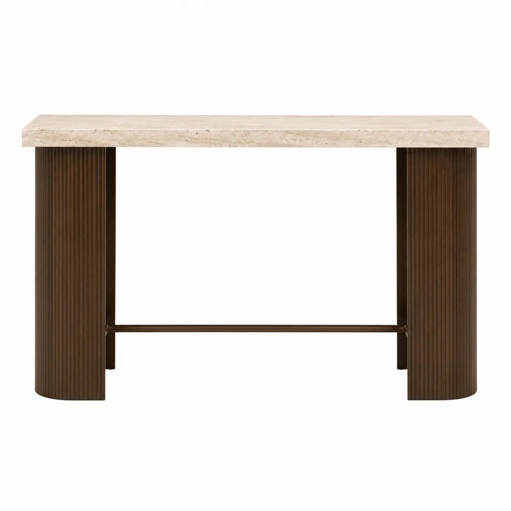 Table console rectangulaire en effet travertin avec piètement bois nervuré 120 cm x 35 cm x 80 cm