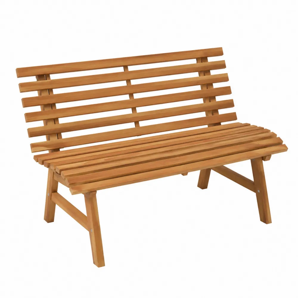 Banc de jardin 2 places en acacia massif brun miel à lattes 120 cm x 58 cm x 82 cm sans accoudoirs
