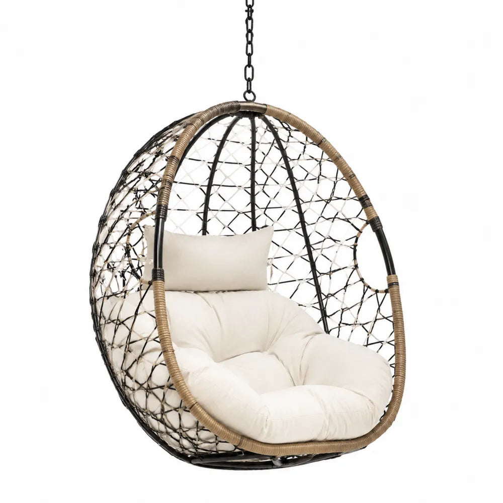 Fauteuil suspendu œuf de jardin en acier peint noir résine tressée PE naturel coussins polyester crème 95 cm x 78 cm x 120 cm