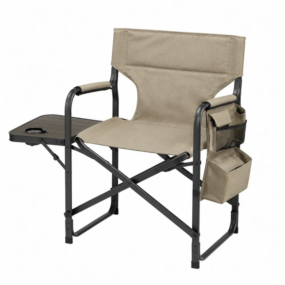 Chaise de jardin pliante avec tablette latérale 88 cm x 55 cm x 90 cm acier thermolaqué noir tissu polyester Oxford beige avec porte-gobelet et poche de rangement