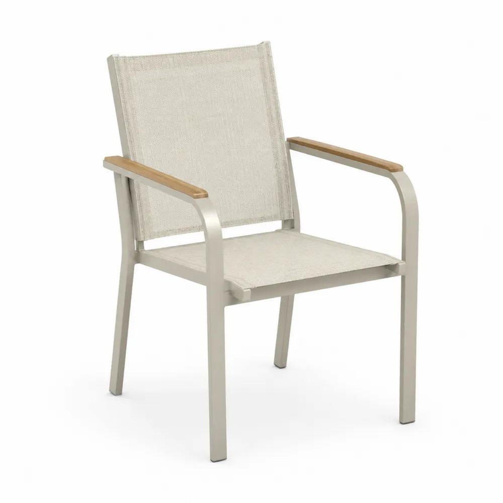 Fauteuil de jardin avec accoudoirs en aluminium beige textilène crème et acacia massif 58 cm x 64 cm x 90 cm