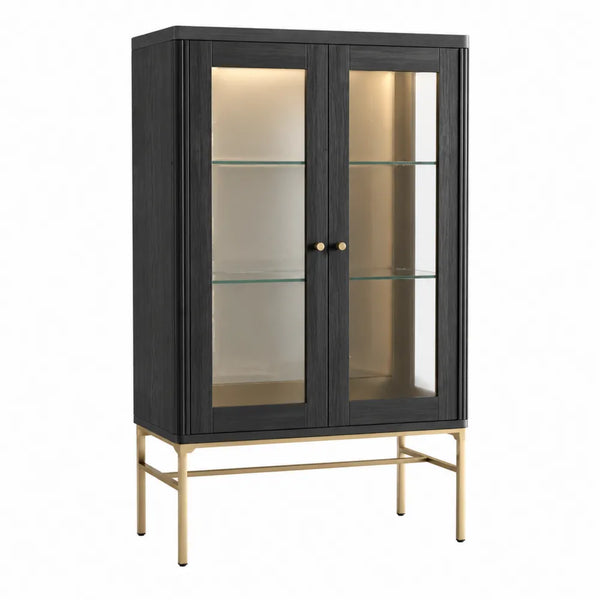 Vitrine de rangement 2 portes LED verre trempé MDF noir acier doré 90 cm x 40 cm x 160 cm