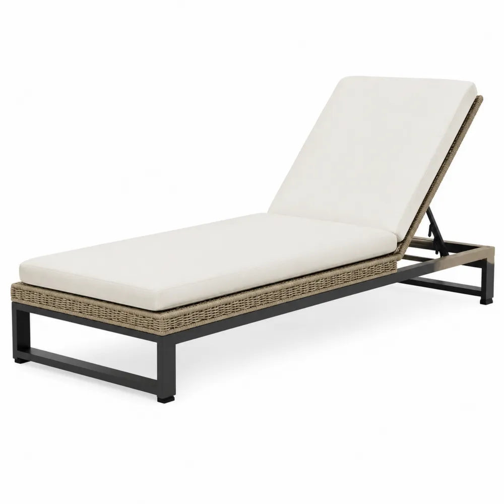Bain de soleil de jardin réglable avec coussin aluminium noir résine tressée PE beige écru 200 cm x 70 cm x 86 cm