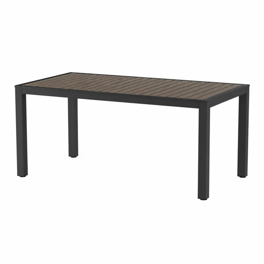 Table de jardin rectangulaire en aluminium noir et lattes aspect bois