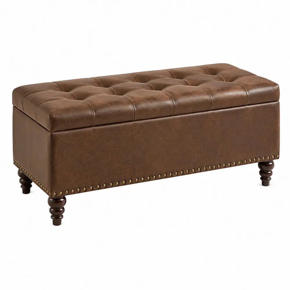Banc coffre de chambre rectangulaire capitonné en MDF revêtement PU marron pieds hévéa massif brun foncé 120 x 40 x 45 cm